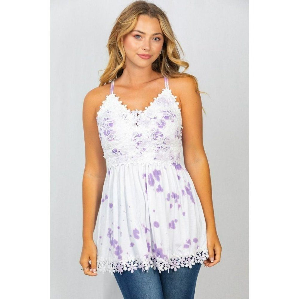 SALE! White Birch USA Lavender Lace Cami Top Flowy Floral Embroidered T23624